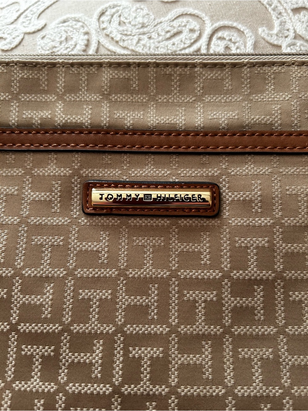 Tommy Hilfiger Beige Jacquard Logo Tote with Brown Trim